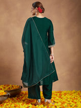 Women's Green Silk Blend Zari Embroidered Anarkali Kurta With Palazzo & Dupatta Set