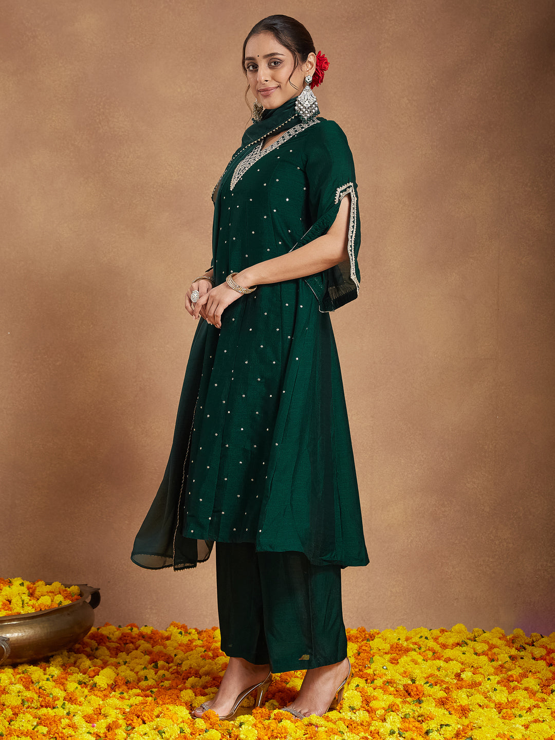 Women's Green Silk Blend Zari Embroidered Anarkali Kurta With Palazzo & Dupatta Set