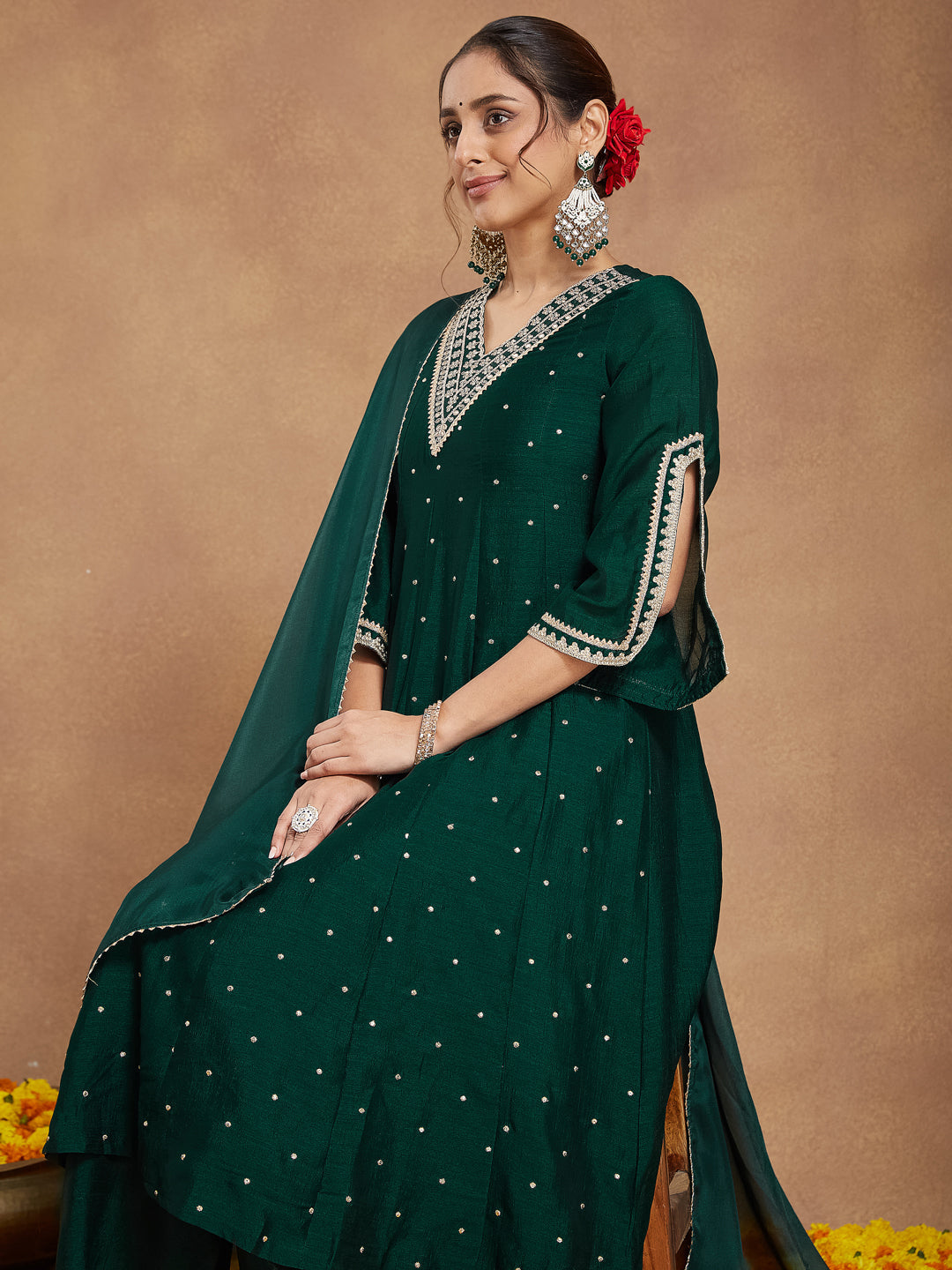 Women's Green Silk Blend Zari Embroidered Anarkali Kurta With Palazzo & Dupatta Set