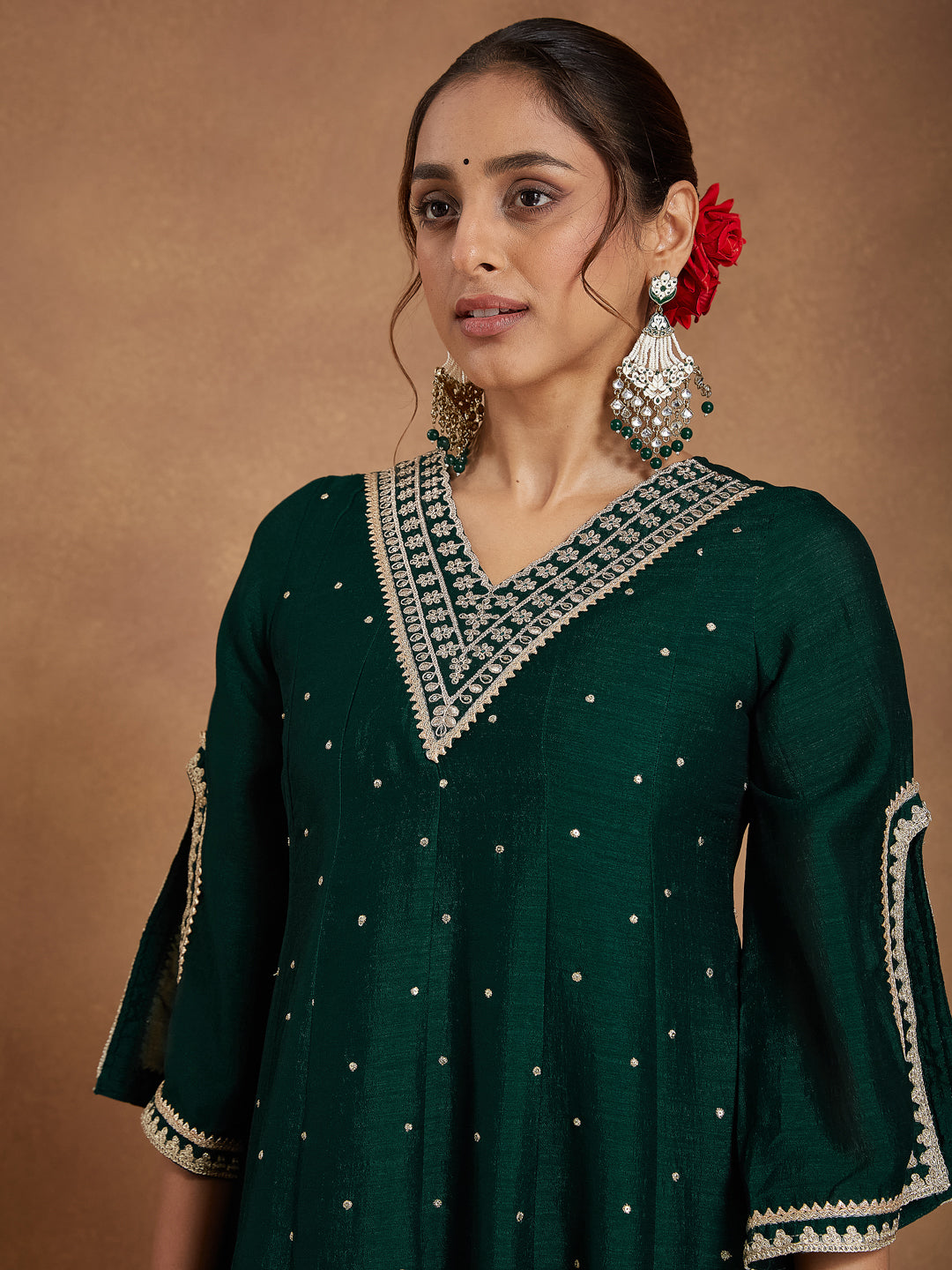 Women's Green Silk Blend Zari Embroidered Anarkali Kurta With Palazzo & Dupatta Set