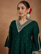 Women's Green Silk Blend Zari Embroidered Anarkali Kurta With Palazzo & Dupatta Set