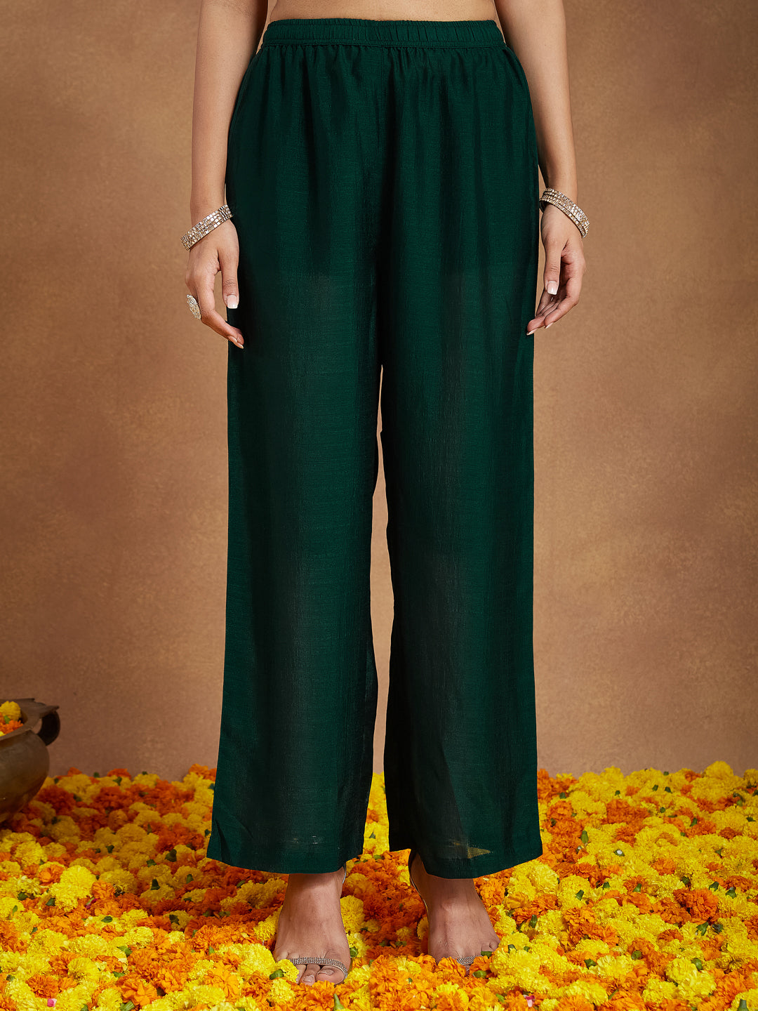 Women's Green Silk Blend Zari Embroidered Anarkali Kurta With Palazzo & Dupatta Set