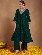 Women's Green Silk Blend Zari Embroidered Anarkali Kurta With Palazzo & Dupatta Set