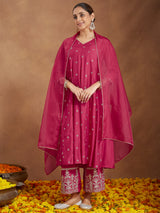 Women's Pink Chanderi Silk Embellished Zari Embroidered A-line Kurta Set