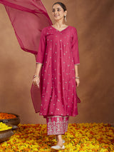 Women's Pink Chanderi Silk Embellished Zari Embroidered A-line Kurta Set