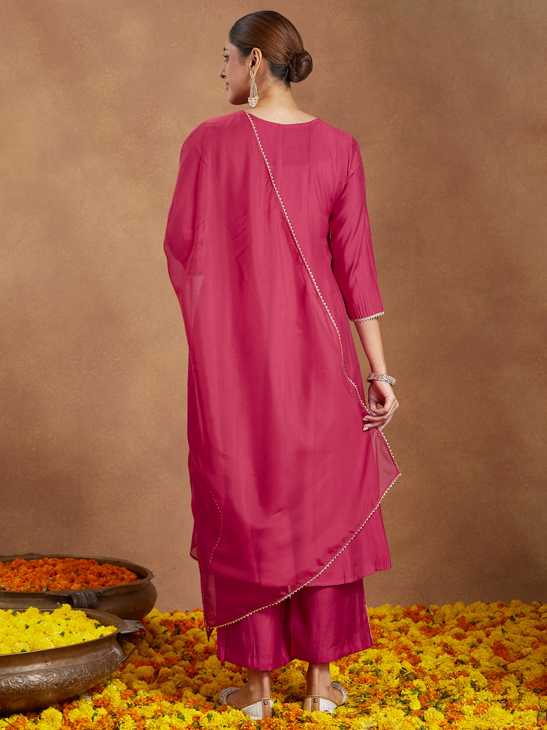 Women's Pink Chanderi Silk Embellished Zari Embroidered A-line Kurta Set