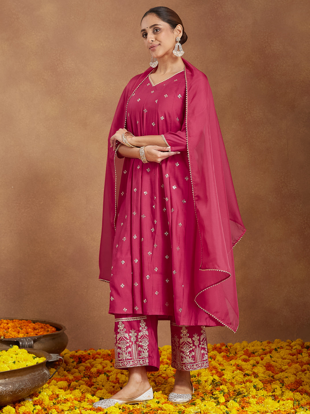 Women's Pink Chanderi Silk Embellished Zari Embroidered A-line Kurta Set