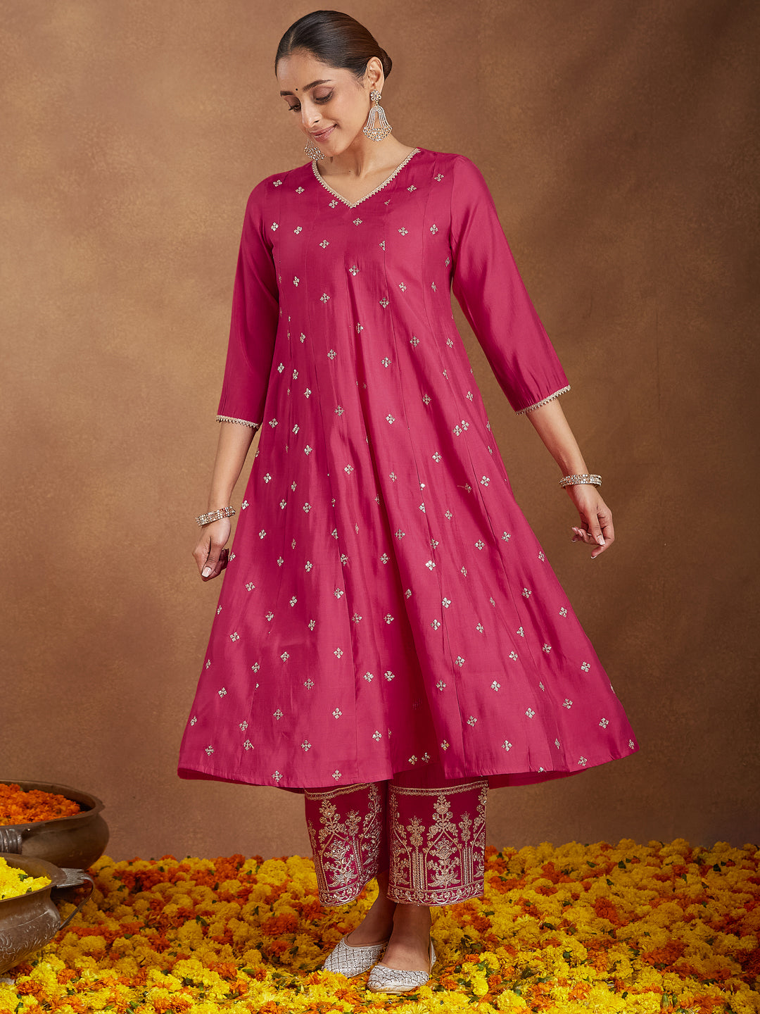Women's Pink Chanderi Silk Embellished Zari Embroidered A-line Kurta Set