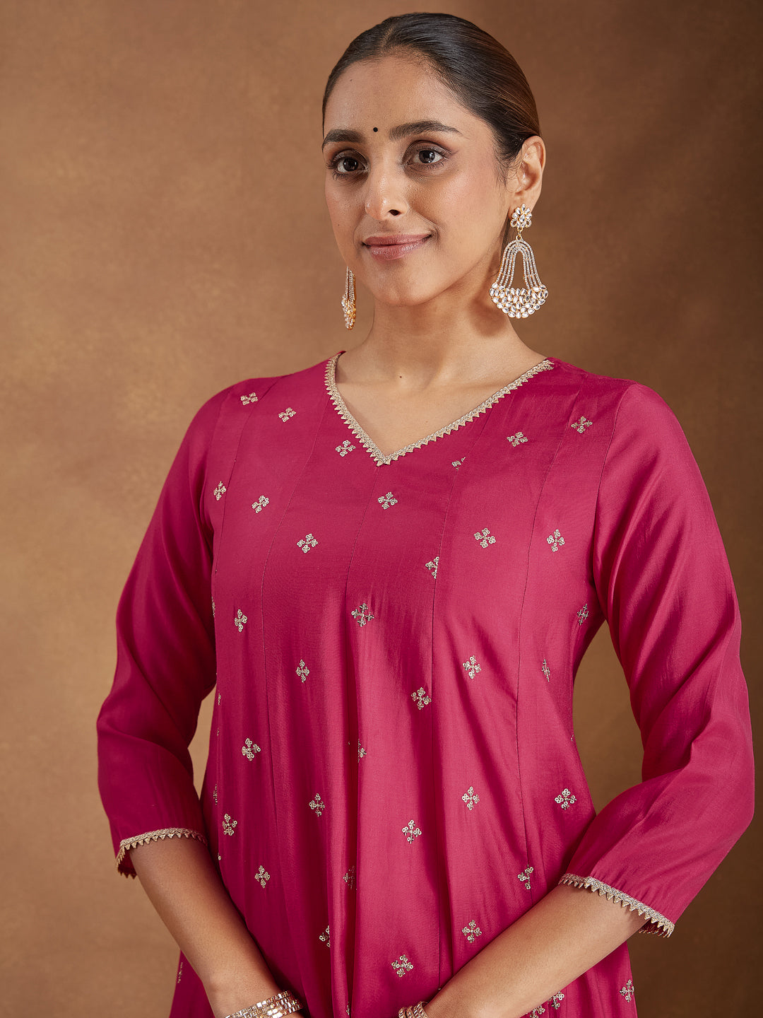 Women's Pink Chanderi Silk Embellished Zari Embroidered A-line Kurta Set