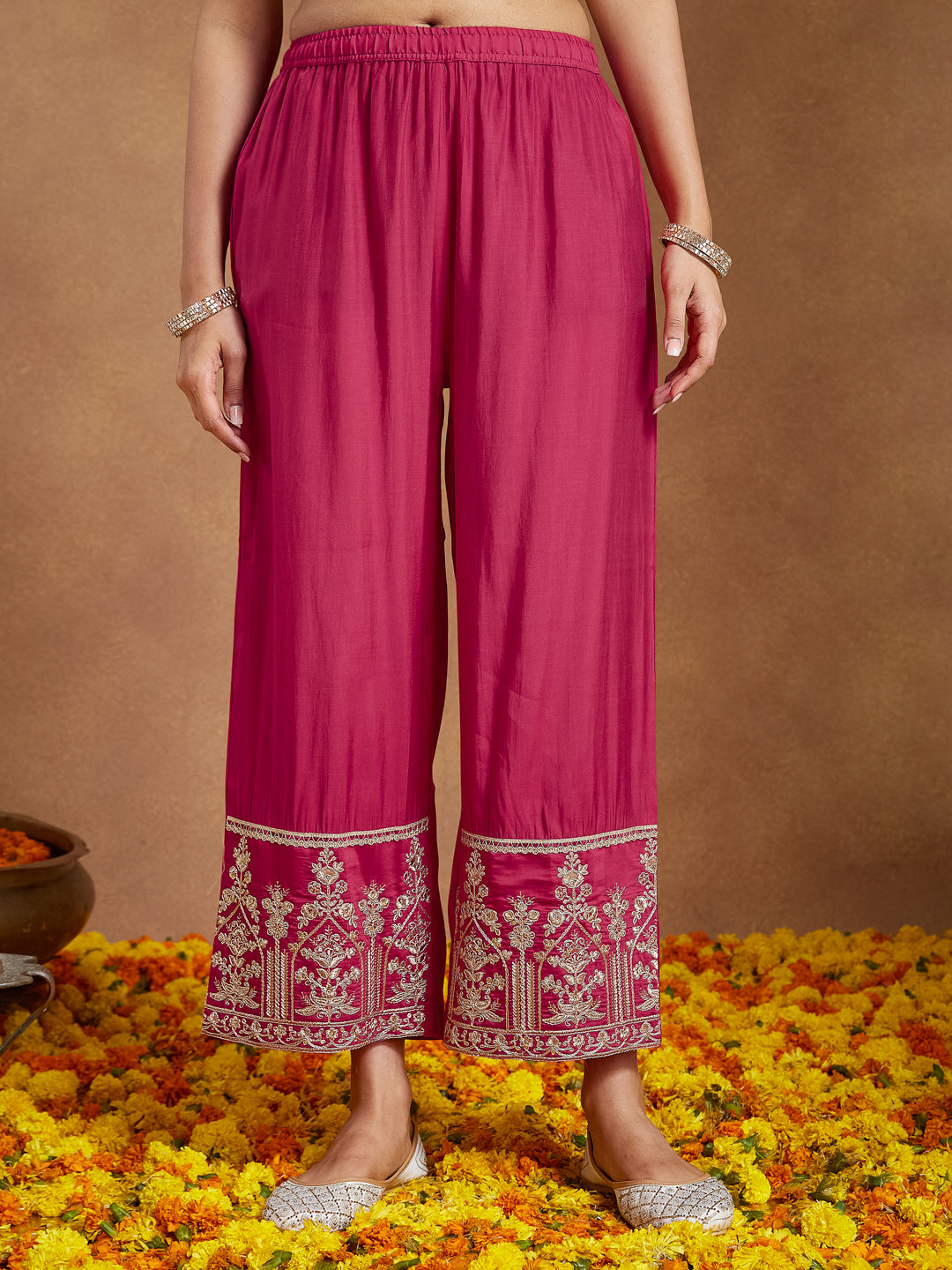 Women's Pink Chanderi Silk Embellished Zari Embroidered A-line Kurta Set