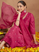 Women's Pink Chanderi Silk Embellished Zari Embroidered A-line Kurta Set