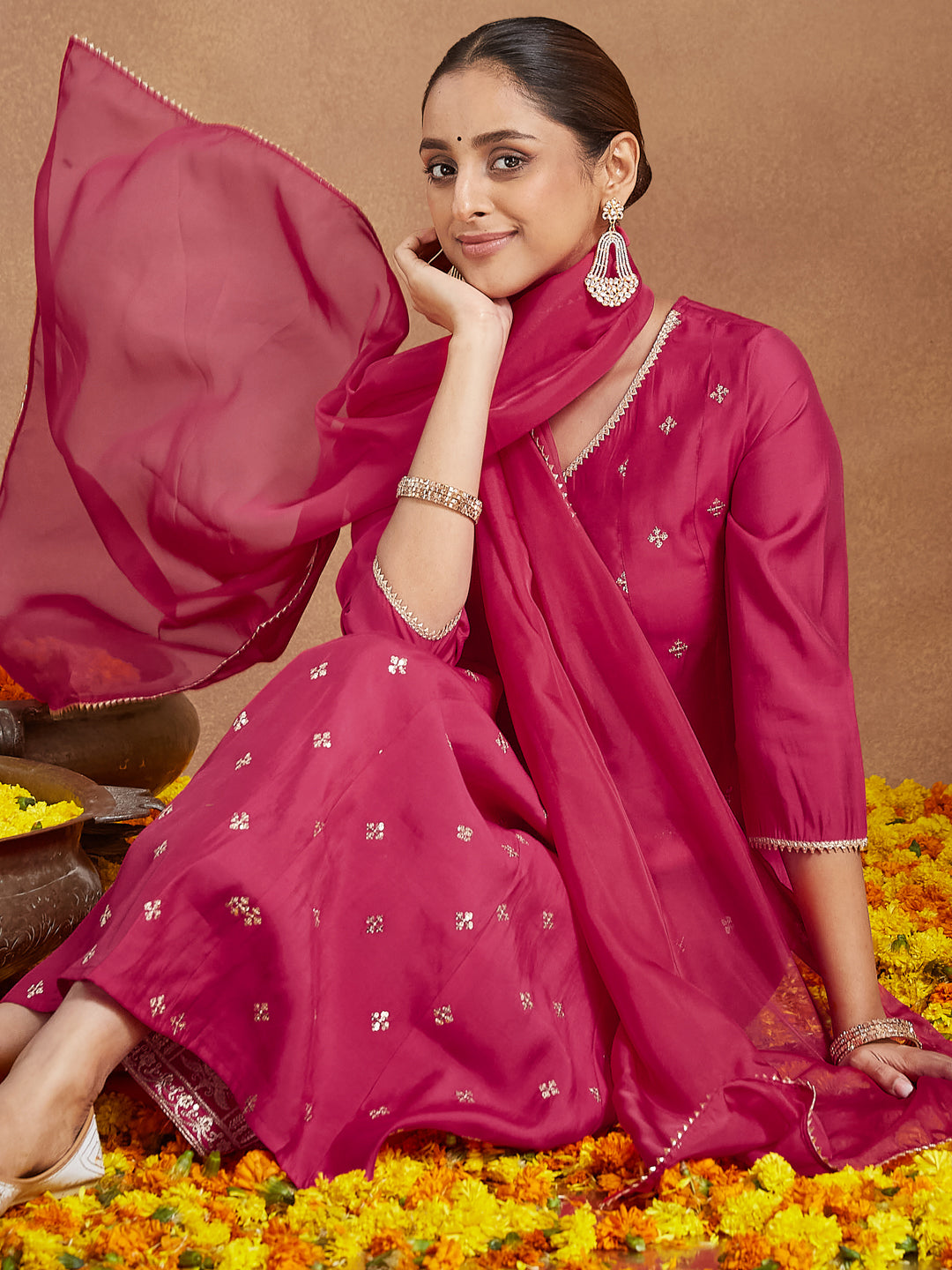 Women's Pink Chanderi Silk Embellished Zari Embroidered A-line Kurta Set