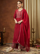 Women's Maroon Chanderi Silk Zari Embroidered Straight Kurta With Palazzo & Dupatta Set
