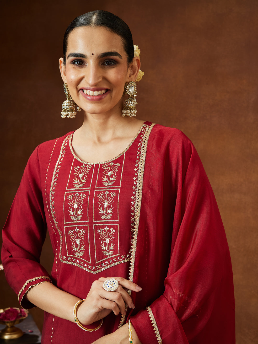 Women's Maroon Chanderi Silk Zari Embroidered Straight Kurta With Palazzo & Dupatta Set