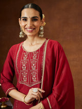 Women's Maroon Chanderi Silk Zari Embroidered Straight Kurta With Palazzo & Dupatta Set