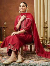 Women's Maroon Chanderi Silk Zari Embroidered Straight Kurta With Palazzo & Dupatta Set