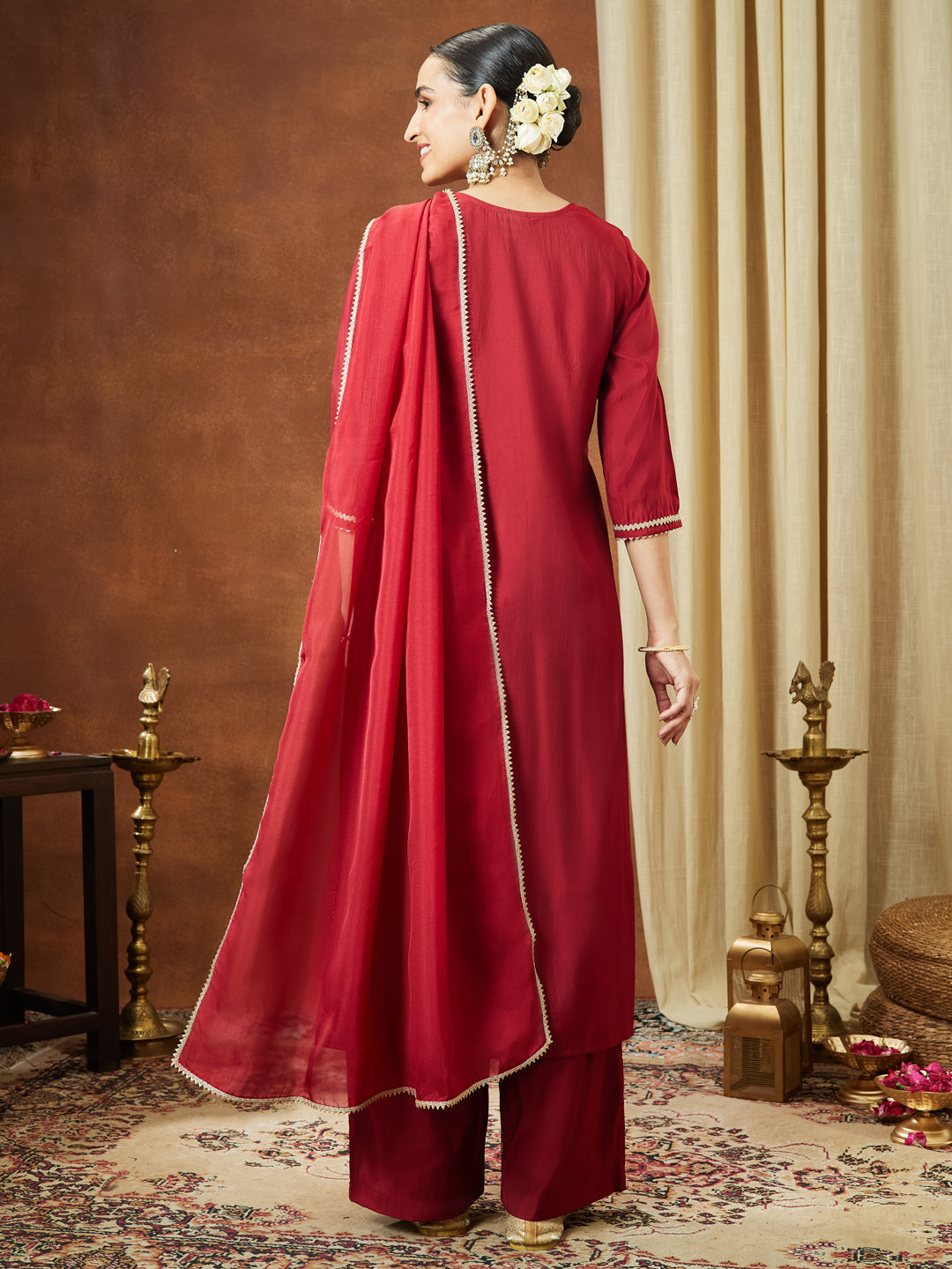 Women's Maroon Chanderi Silk Zari Embroidered Straight Kurta With Palazzo & Dupatta Set