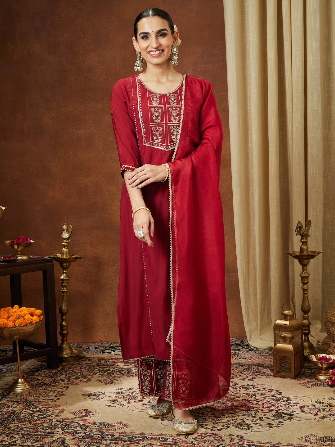 Women's Maroon Chanderi Silk Zari Embroidered Straight Kurta With Palazzo & Dupatta Set