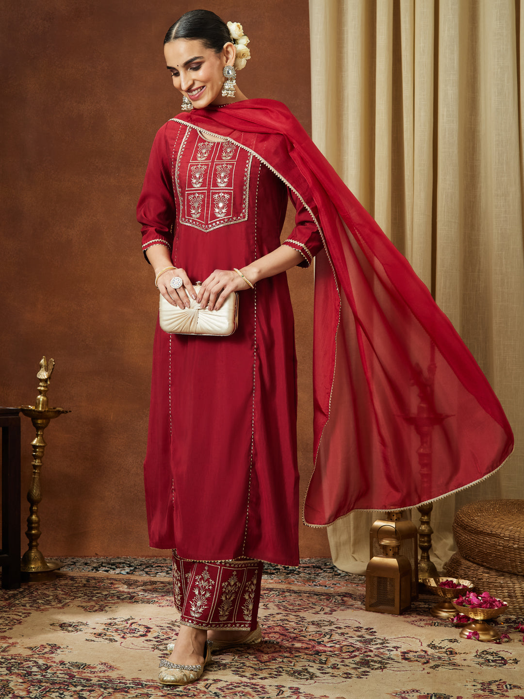 Women's Maroon Chanderi Silk Zari Embroidered Straight Kurta With Palazzo & Dupatta Set