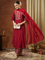 Women's Maroon Chanderi Silk Zari Embroidered Straight Kurta With Palazzo & Dupatta Set