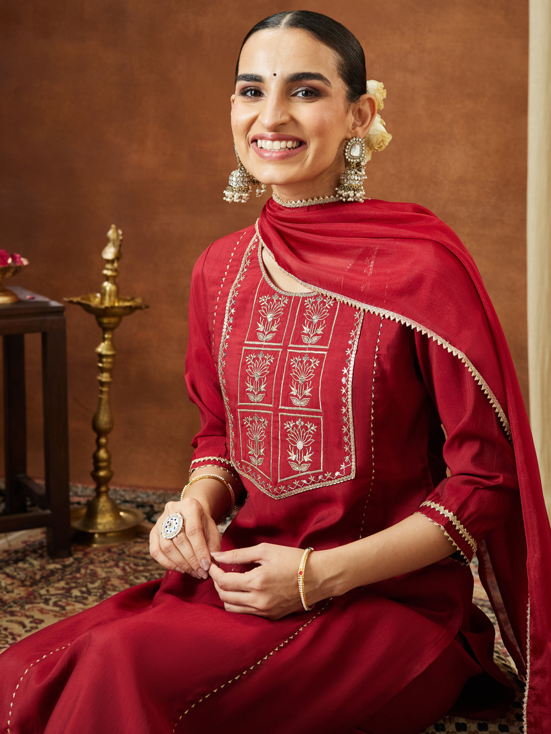 Women's Maroon Chanderi Silk Zari Embroidered Straight Kurta With Palazzo & Dupatta Set