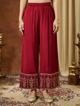 Women's Maroon Chanderi Silk Zari Embroidered Straight Kurta With Palazzo & Dupatta Set