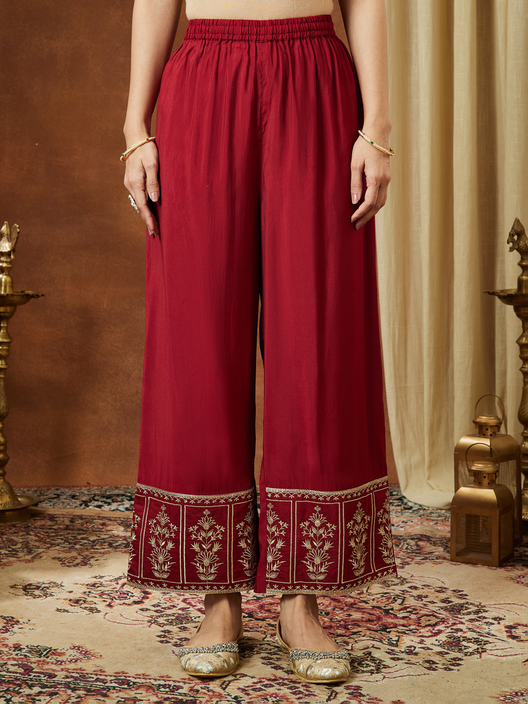 Women's Maroon Chanderi Silk Zari Embroidered Straight Kurta With Palazzo & Dupatta Set