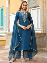 Women's Teal Blue Chanderi Silk Zari Embroidered Straight Kurta With Palazzo & Dupatta Set