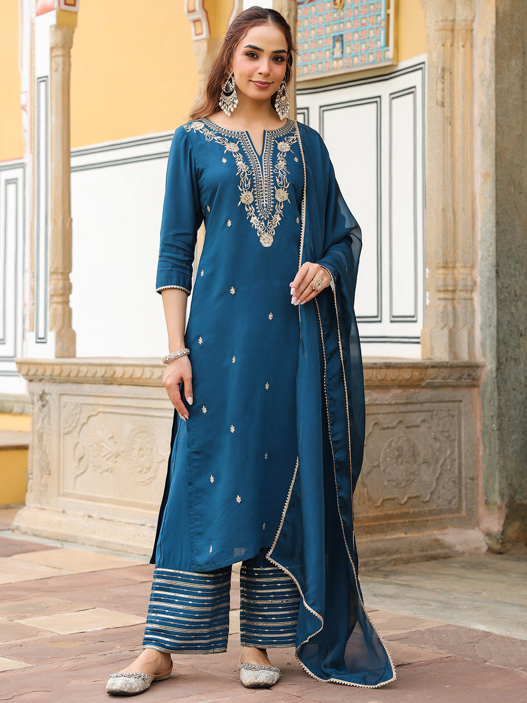 Women's Teal Blue Chanderi Silk Zari Embroidered Straight Kurta With Palazzo & Dupatta Set