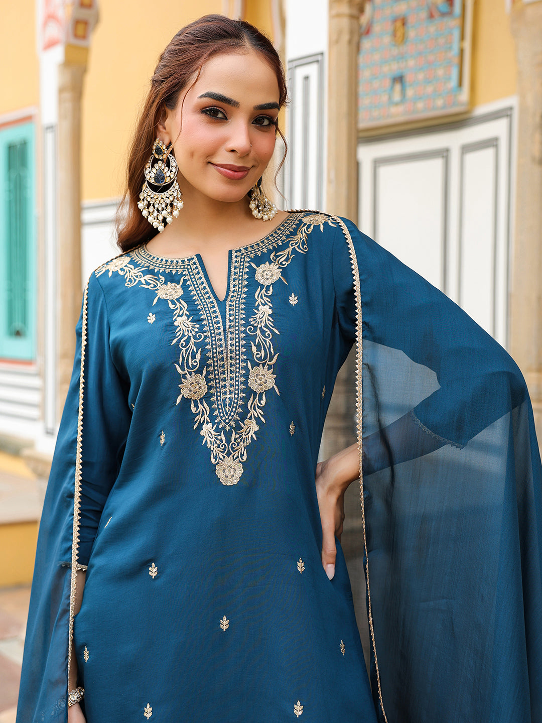 Women's Teal Blue Chanderi Silk Zari Embroidered Straight Kurta With Palazzo & Dupatta Set