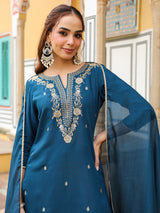 Women's Teal Blue Chanderi Silk Zari Embroidered Straight Kurta With Palazzo & Dupatta Set