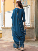 Women's Teal Blue Chanderi Silk Zari Embroidered Straight Kurta With Palazzo & Dupatta Set