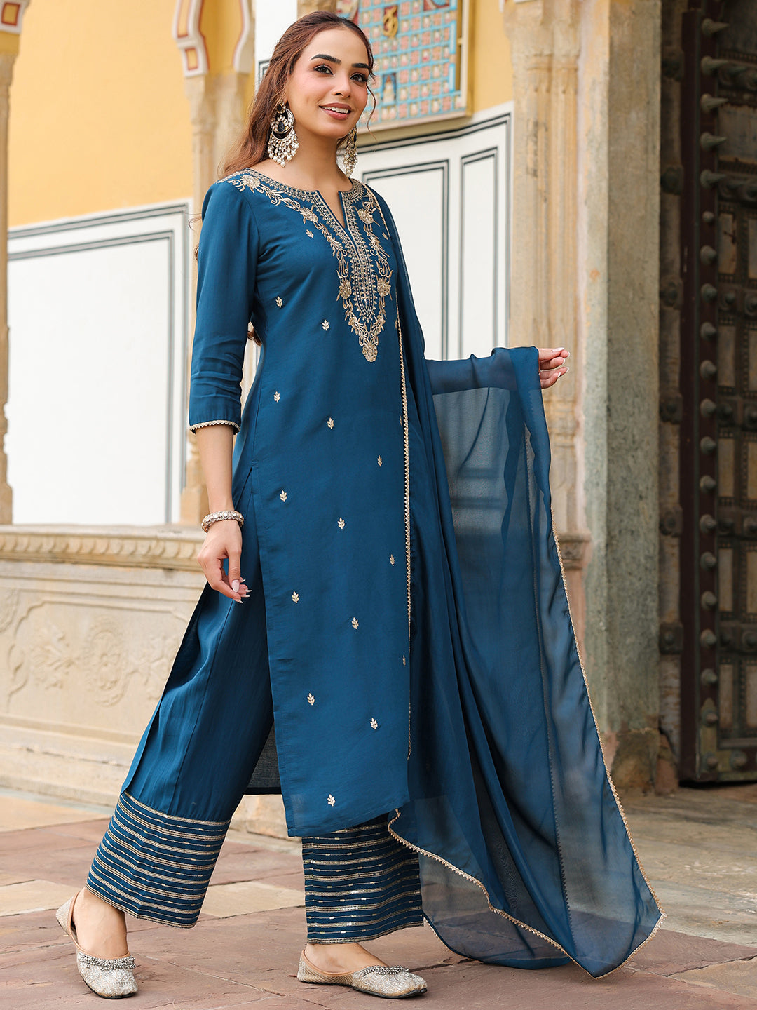 Women's Teal Blue Chanderi Silk Zari Embroidered Straight Kurta With Palazzo & Dupatta Set