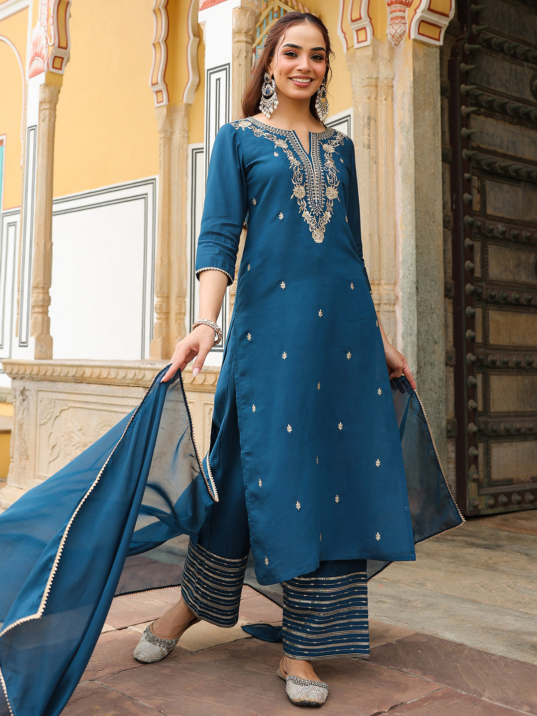 Women's Teal Blue Chanderi Silk Zari Embroidered Straight Kurta With Palazzo & Dupatta Set