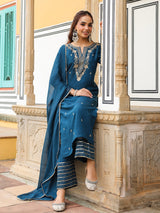 Women's Teal Blue Chanderi Silk Zari Embroidered Straight Kurta With Palazzo & Dupatta Set