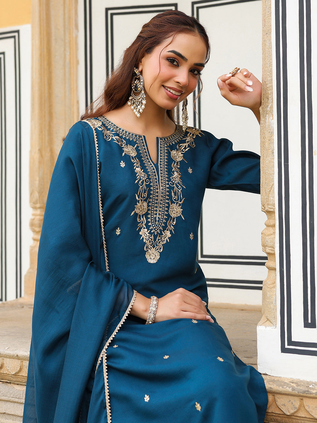 Women's Teal Blue Chanderi Silk Zari Embroidered Straight Kurta With Palazzo & Dupatta Set