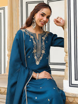 Women's Teal Blue Chanderi Silk Zari Embroidered Straight Kurta With Palazzo & Dupatta Set