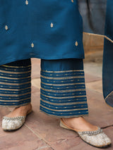 Women's Teal Blue Chanderi Silk Zari Embroidered Straight Kurta With Palazzo & Dupatta Set