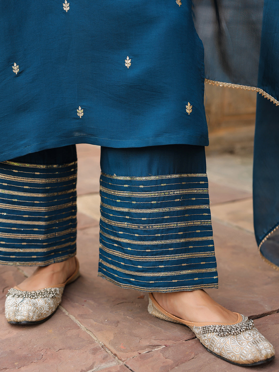 Women's Teal Blue Chanderi Silk Zari Embroidered Straight Kurta With Palazzo & Dupatta Set