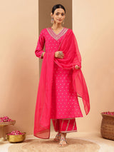 Women's Pink Chanderi Silk Gold Zari Embroidered Straight Kurta With Palazzo & Dupatta Set