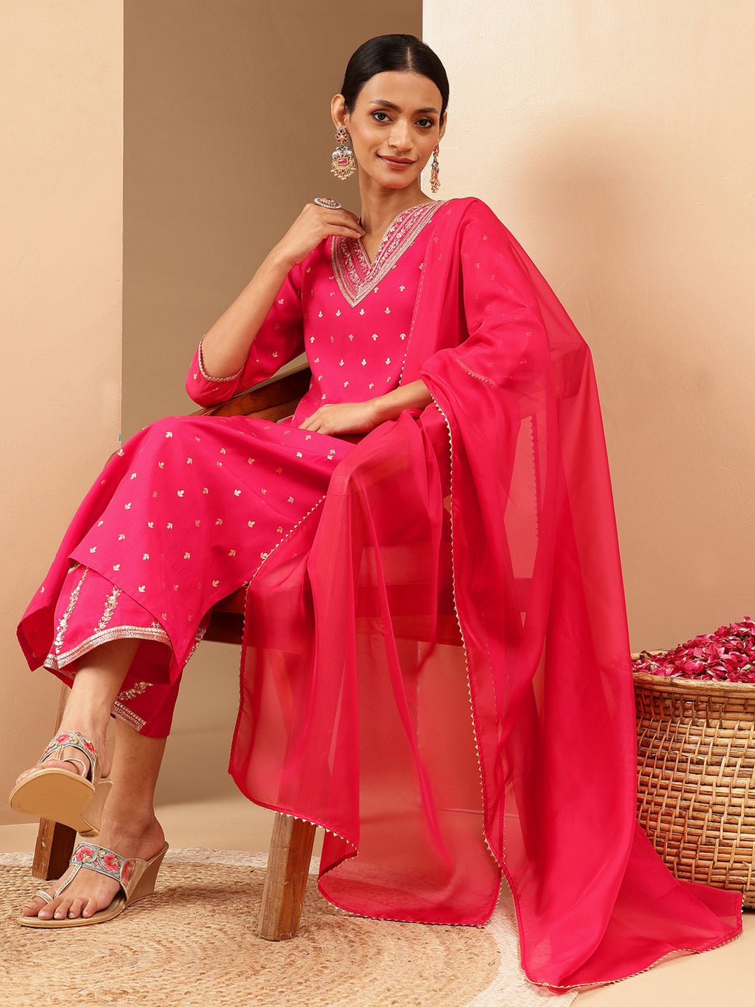 Women's Pink Chanderi Silk Gold Zari Embroidered Straight Kurta With Palazzo & Dupatta Set