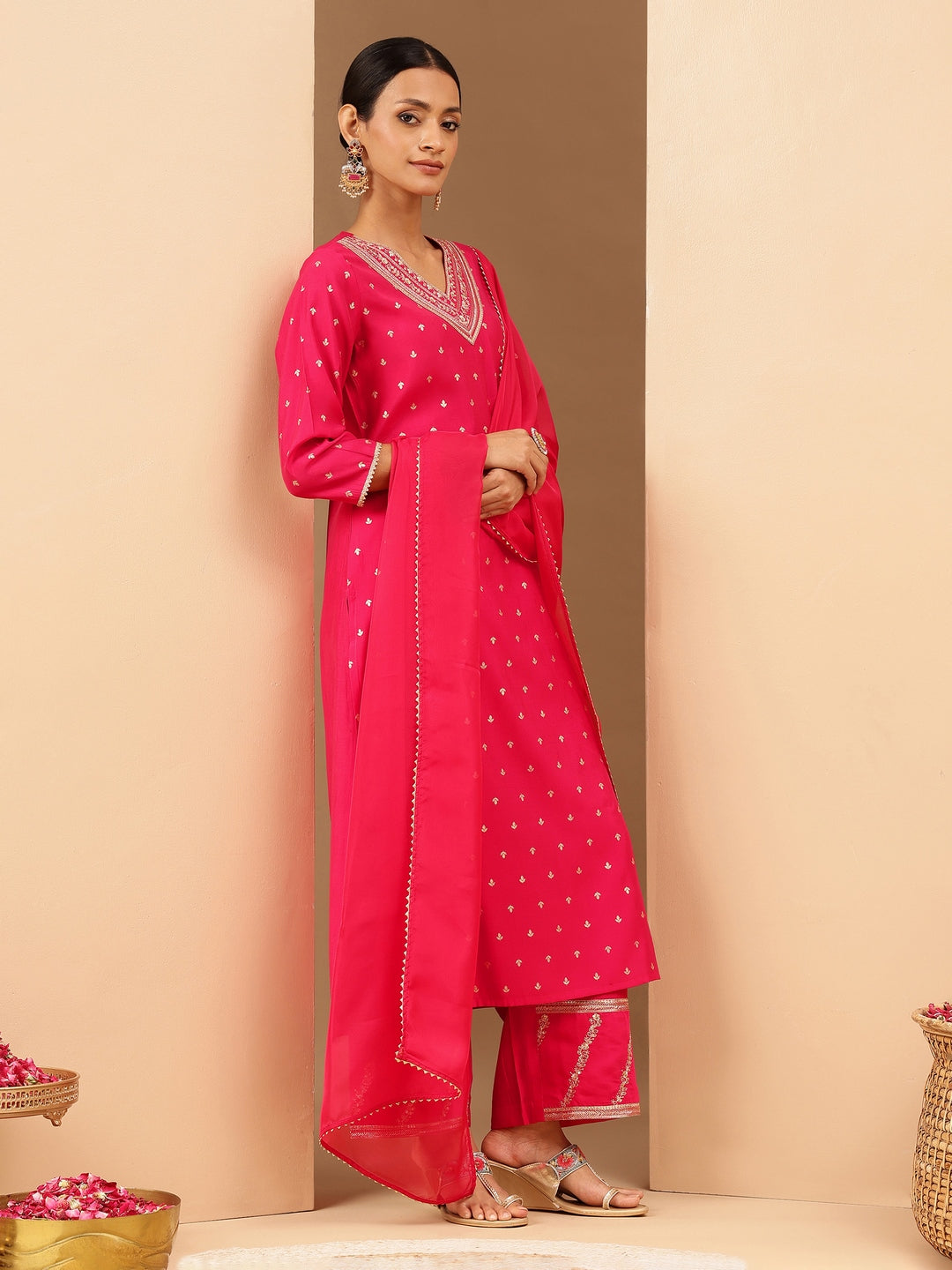 Women's Pink Chanderi Silk Gold Zari Embroidered Straight Kurta With Palazzo & Dupatta Set
