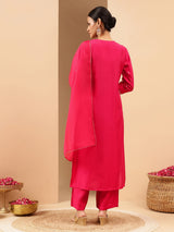 Women's Pink Chanderi Silk Gold Zari Embroidered Straight Kurta With Palazzo & Dupatta Set
