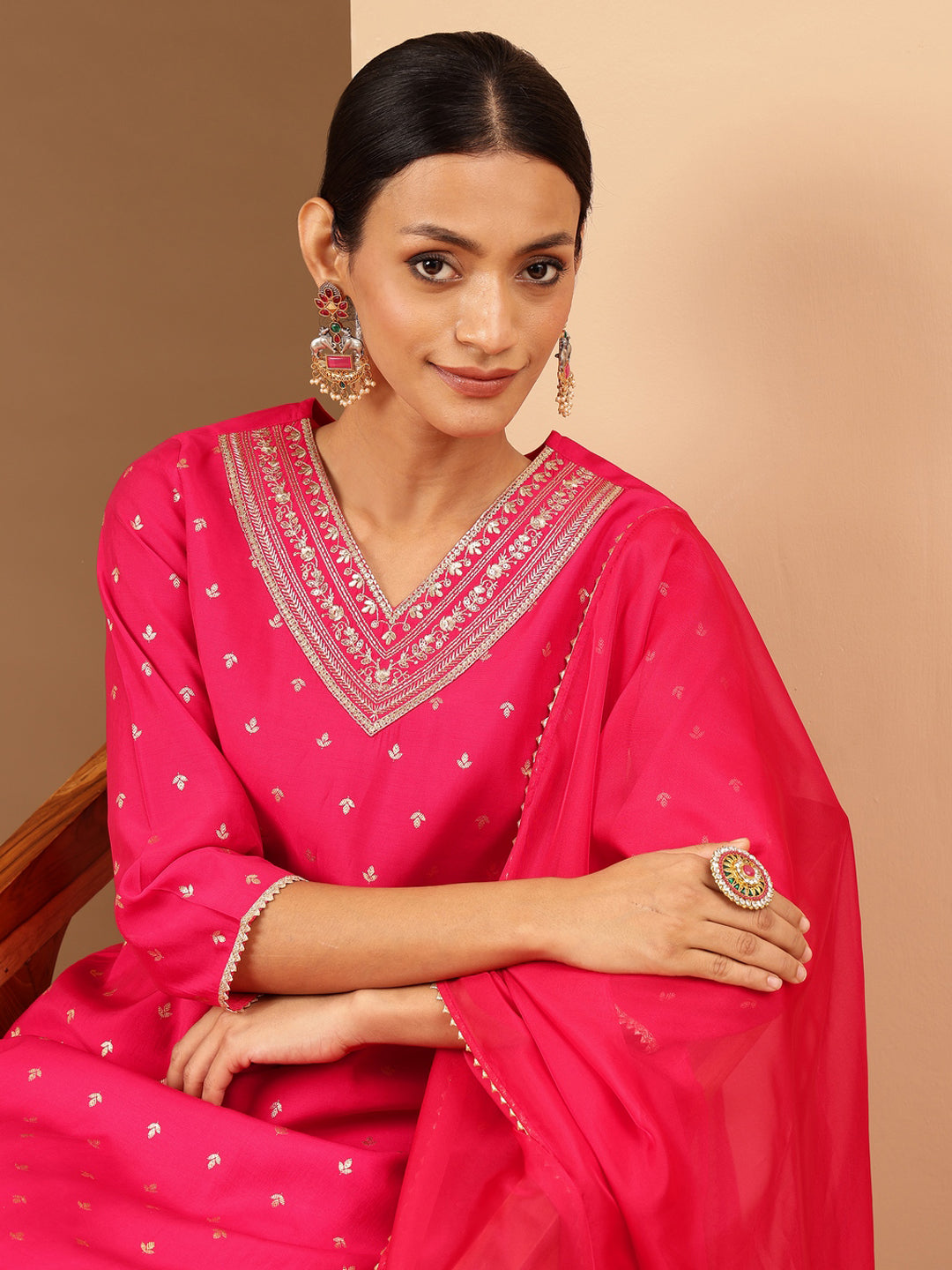 Women's Pink Chanderi Silk Gold Zari Embroidered Straight Kurta With Palazzo & Dupatta Set