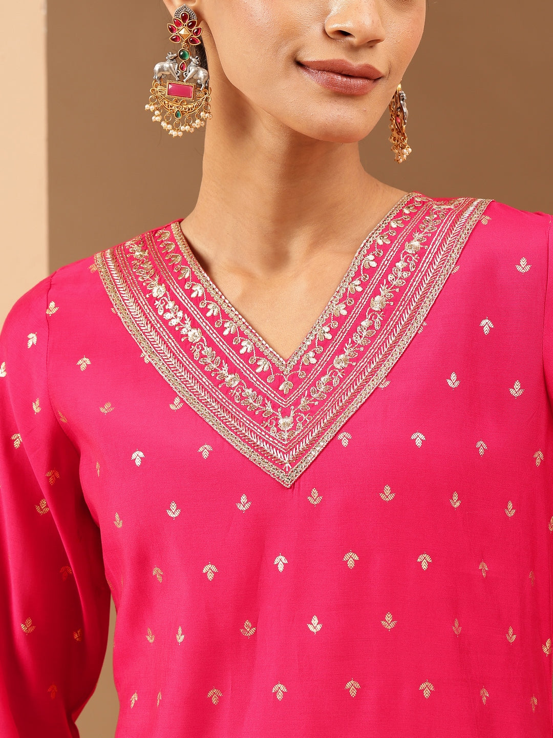 Women's Pink Chanderi Silk Gold Zari Embroidered Straight Kurta With Palazzo & Dupatta Set