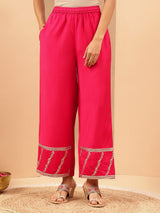 Women's Pink Chanderi Silk Gold Zari Embroidered Straight Kurta With Palazzo & Dupatta Set