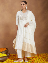 Women's Off White Chanderi Silk Zari Embroidered A-line Kurta Set With Dupatta