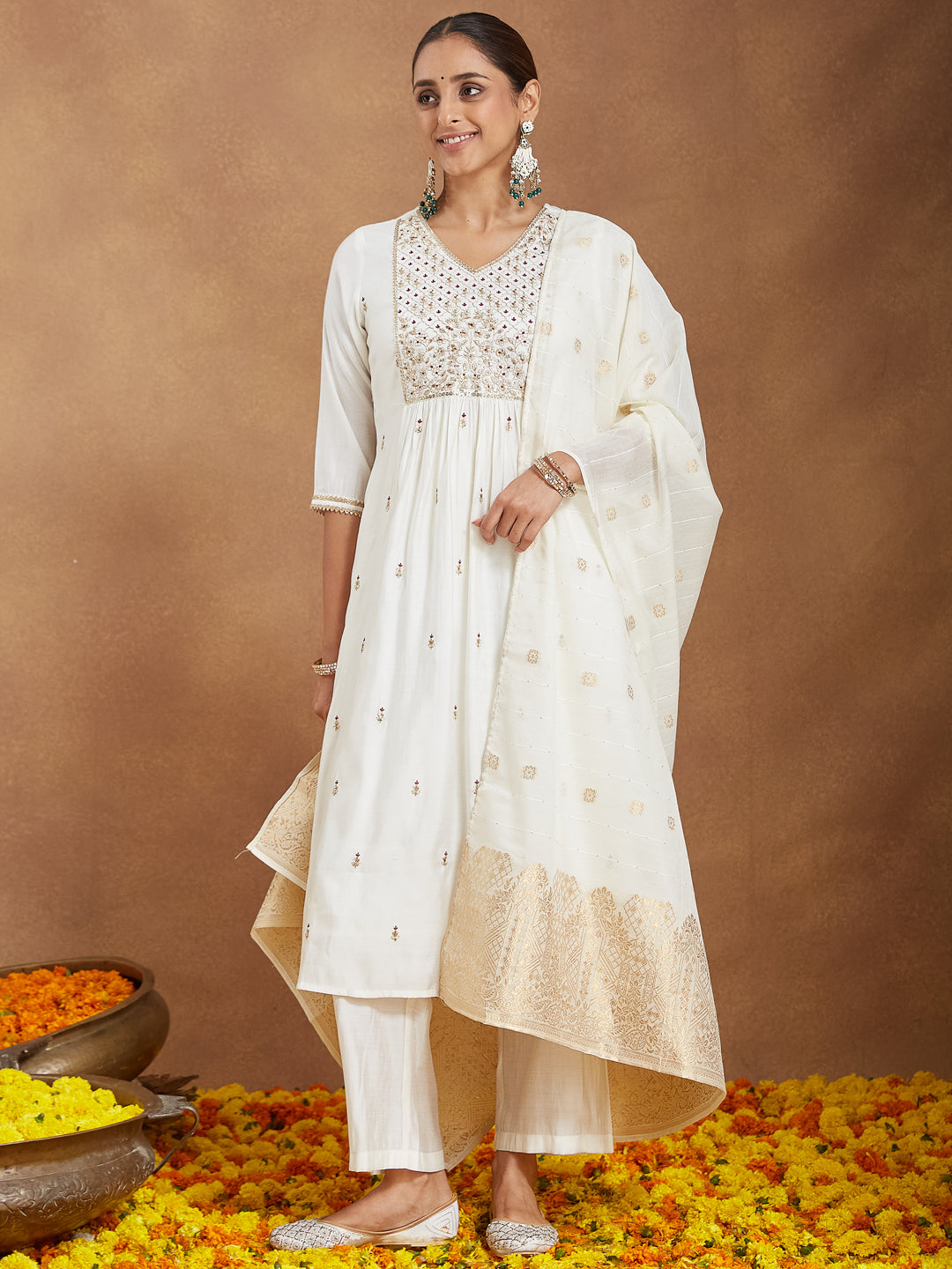 Women's Off White Chanderi Silk Zari Embroidered A-line Kurta Set With Dupatta