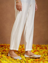 Women's Off White Chanderi Silk Zari Embroidered A-line Kurta Set With Dupatta