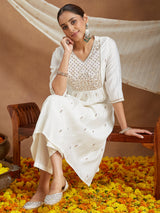 Women's Off White Chanderi Silk Zari Embroidered A-line Kurta Set With Dupatta